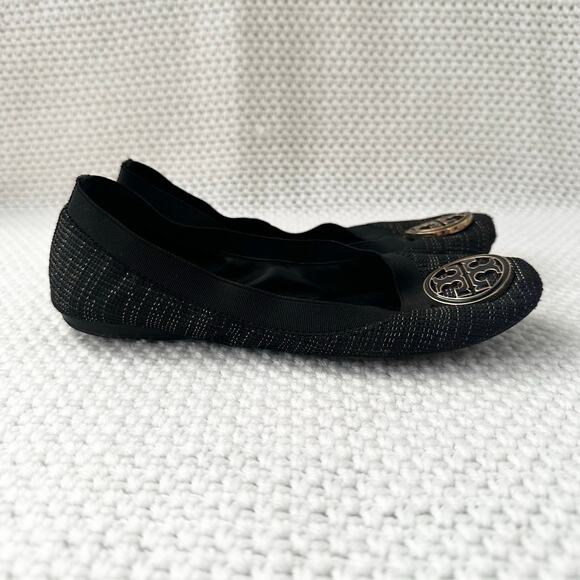 Tory Burch Black Gold Tweed Fabric Caroline Classic Reva Ballet Flats Shoes 6.5 - Picture 8 of 12